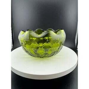 Vintage Indiana Glass Green Ruffled Edged Diamond Quilted Bowl